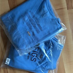 FIGS Catarina top,  Isabel high waisted wide leg pant. Ceil blue. Both MED